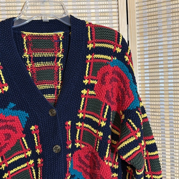 Vintage 1990s Black Chunky Knit Cardigan Square Large Floral Print Roses No Tags - Picture 5 of 16